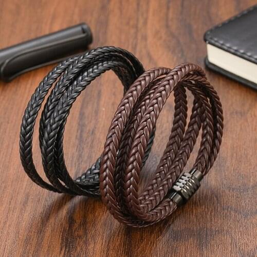 Bohemian Stainless Steel Brown/Black Charm Fashion Charm Mens Accessories Classic Multilayer Leather Woven Bracelet