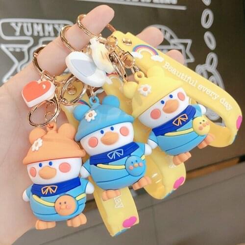 Cartoon PVC Duck Keychain Cute Backpack Hatted Duck Soft Lanyard Doll Keyring Couple Car Key Holder Bag Pendant Jewelry Gifts