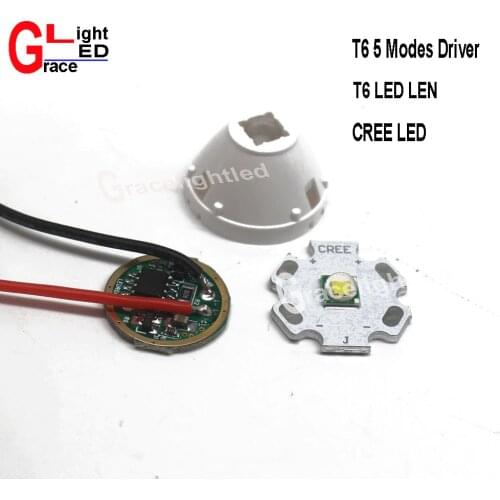 Cree XM-L LED T6 White Light with 20mm star pcb+ 3.7V 5modes led Driver +T6 15degree led Lens with Base Holder kit