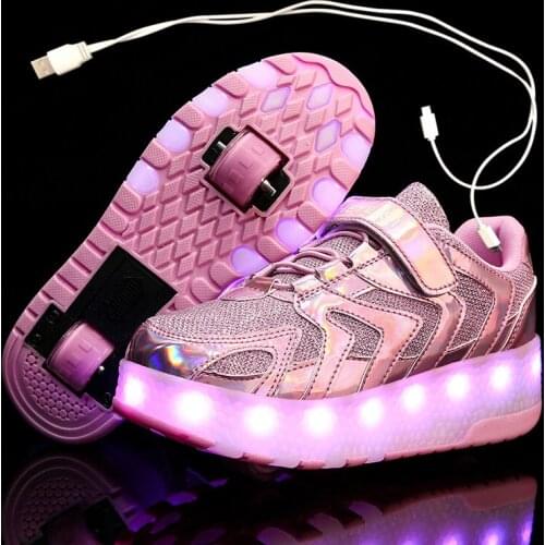Children One Two Wheels Luminous Glowing Sneakers Gold Pink Led Light Roller Skate Shoes Kids Led Shoes Boys Girls USB Charging