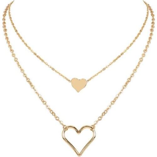 Double Layer Necklace Fashion Heart Shaped Pendant Necklace Retro Clavicle Chain Necklaces for Women Jewelry Pendant Bijoux
