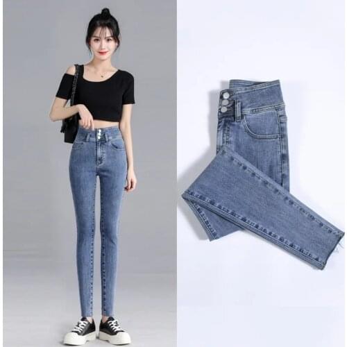 High Quality Denim Jeans Womens High Waist Stretch Pencil Skinny Pants Femme Black Blue Push Up Elastic Slim Streetwear 2021