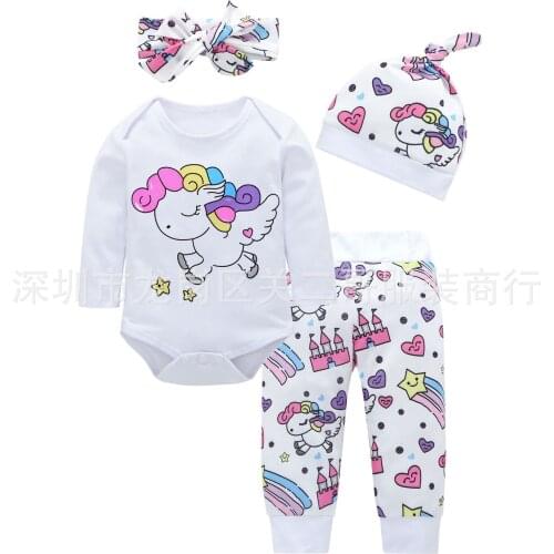 Newborn Infant Toddler Baby Girl Clothes Sets Baby Long Sleeve Romper Tops + Pants + Hat + Headband 4PCS Girl Clothing