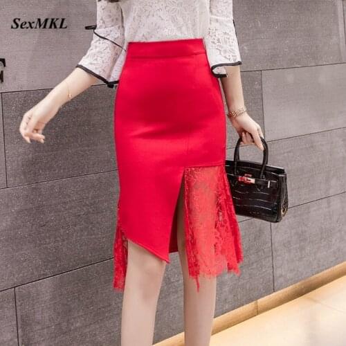 Lace Patchwork Black Skirts Plus Size 2020 Fashion High Waist Bodycon Office Skirt Women Korean Clothes Sexy Red Pencil Skirt