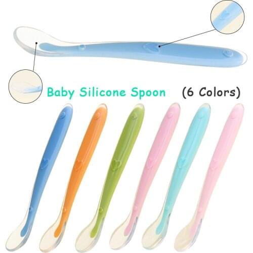 Newborn baby food grade silicone training spoons soft safety head non-slip PP handle safe child feeding spoon children tableware