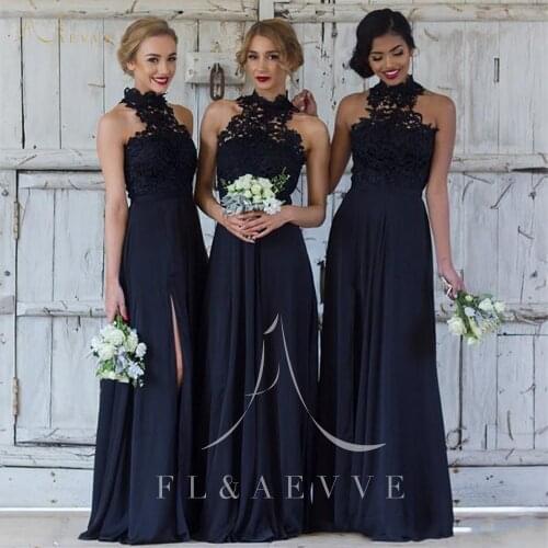 New Navy Blue Lace High Neck Bridesmaid Dresses Sleeveless A-line Wedding Party Gowns Plus Size Side Split Women Dresses