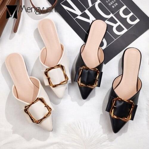 Famous brand metal buckle slippers women pointed toe hollow out summer slides shoes 34-42 plus size comfy mules chanclas mujer
