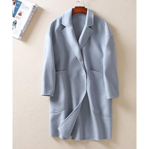 Double face 100%wool fabrics womens autumn winter fashion overcoat mid long loose cocoon style S/M/L