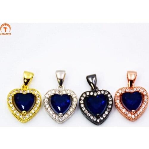 Asa&Tess Metal Copper Micro Pave blue CZ Heart Pendant Beads For Jewelry Necklace Making