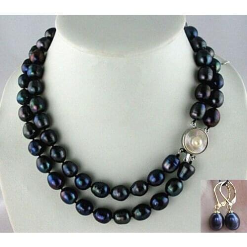 REAL BEAUTIFUL 2 STRANDS 11-13MM TAHITIAN BLACK BAROQUE PEARL NECKLACE earring