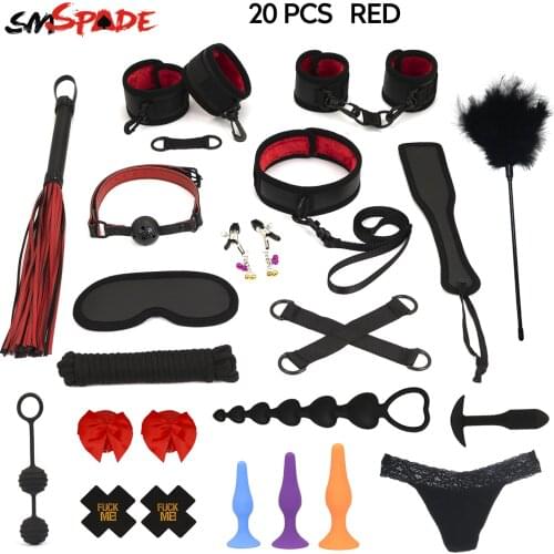 SMSPADE 20 Pcs/set Sex Products Erotic Toys for Adults BDSM Sex Bondage Set,Handcuffs Nipple Clips Whip Spanking Anal Plug Toys