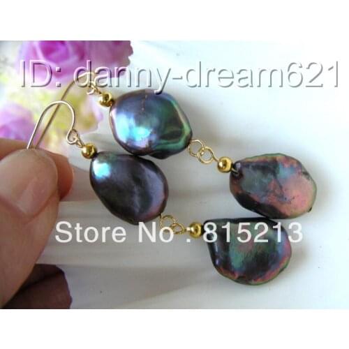 Wb00269 RARE black SOUTH Reborn keshi pearls earrings 14K