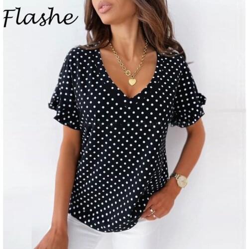 Polka Dot Print Shirt Women Summer V Neck Ruffle Short Sleeve Tee Female Causal T Shirts Loose Tops Women Shirt Streetwear 2021