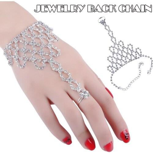 Women Rhinestones Bangles with Chain Link Ring Wristlet for Wedding Party -MX8