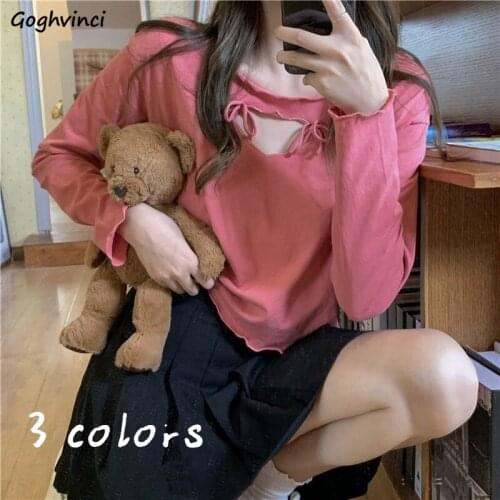 Long Sleeve T-shirts Women Summer Mujer Lovely Girls All-match Solid BF Hollow Out Tees Design Cropped Students Kawaii Ins Daily