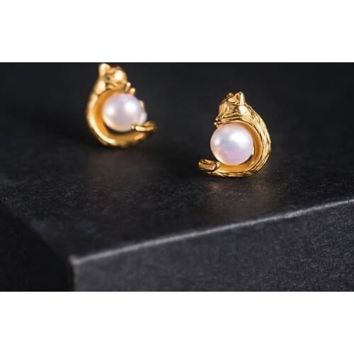 S925 Sterling Silver Pearl Fox Shape Stud Earrings for Women Jewelry boucle d'oreille Brincos Earings Cute Animal Gift