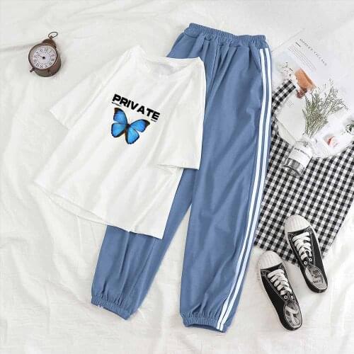 Tracksuit Set Two Piece Outfits for Women Summer Private Butterfly Print O Neck Short Sleeve Trouser Suit Female Pants Sets