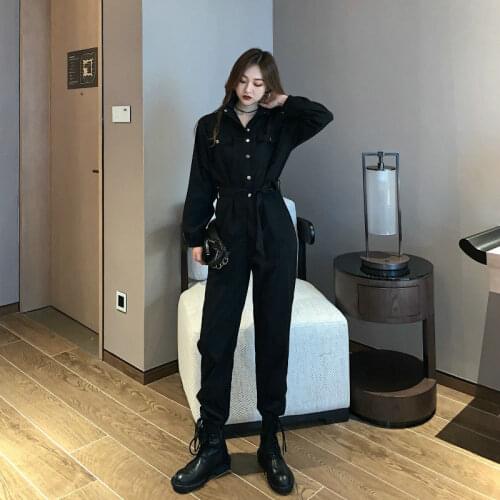 2020 New Women Korean Loose Autumn Jumpsuits Solid Rompers High Waist Harajuku BF Playsuits Safari Style Long Overalls X56