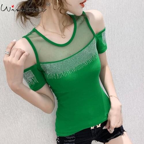 Summer European Style Fashion Off Shoulder Patchwork Mesh Shiny Diamonds Women Tops Short Sleeve Sexy Back Tees New 2021 T14411A
