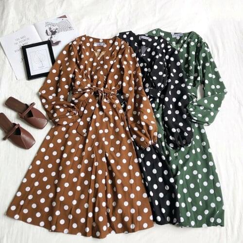 HISUMA Women Summer V-Neck Lantern Sleeve Bandage Strap Bow Dress Lady Elastic Slim Polka Dot Chiffon Pullover Party Midi Dress