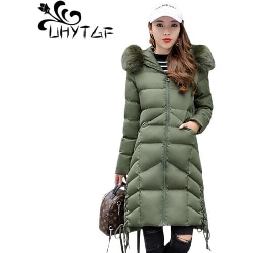 UHYTGF Winter Women Hooded Coat Fur Collar Thicken Plus size Warm Long Jacket Coat Girls Slim Big Fur Coat Jacket Down Parka 120
