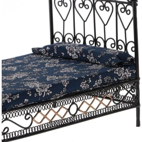 1/12th Dollhouse Bedroom Furniture Metal Double Bed with Floral Mattress
