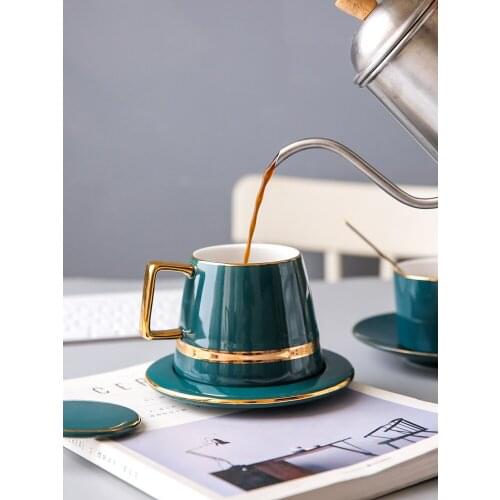 430ml coffee cup tea cup set with gift box ceramic espresso cups deep green creative birthday gifts spoon lids rimmed with gold