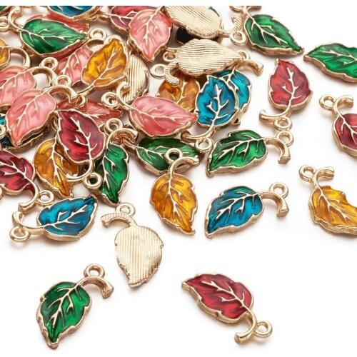 50pc Mixed Color Golden Plated Alloy Enamel Pendants Leaf Charms for Necklace Bracelet Earring Jewelry Making Findings DIY Craft