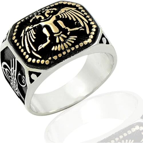 925 Silver Two Head Eagle and Ottoman Symbol Printed Ring for Men