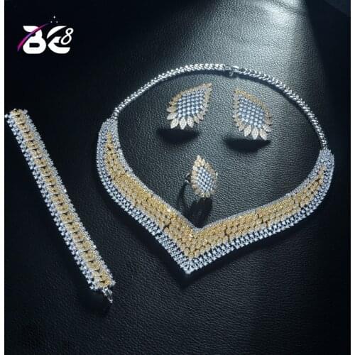 Be 8 New Arrival AAA Cubic Zirconia Elegant 2 Tones Necklace Earring Set 4pcs Jewelry for Women African Beads Jewelry Sets S304