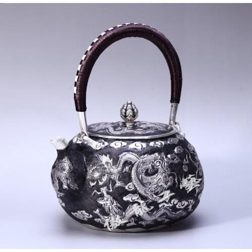 Teapot, kettle, hot water teapot, iron teapot, stainless steel kettle, tea bowl, 1100ml capacity, handmade S999 sterling silver