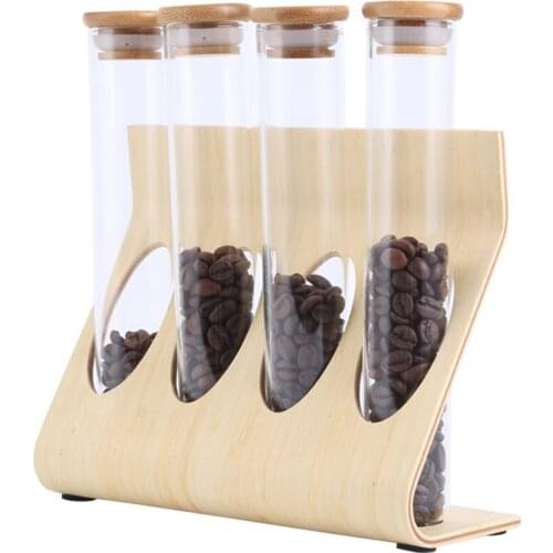 Wooden Coffee Beans Tea Display Rack Stand Glass Test Tube Sealed Storage Decorative Ornaments Cereals Canister for Barista Reta
