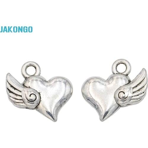 JAKONGO Antique Silver Plated Heart Wings Charms Pendants for Jewelry Making DIY Accessories Handmade Craft 14x14mm