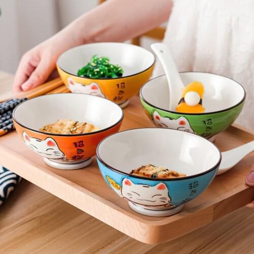 Ceramic High Bowl Multi-Sized Colorful Lucky Cat Soup Bowl Salad Bowl Underglaze Kitchen Household Tableware Childrens Couple