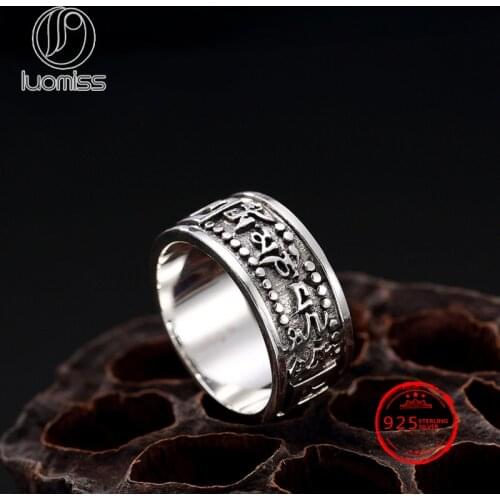 100% S925 Sterling Silver Vintage Ring Tibetan Six Words Mantra Rings Buddhist Jewelry