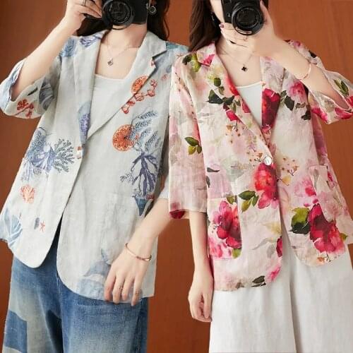 Fashion Korean Printing suit coat Women Casual Sweet slim big size summer thin jacket Ladies Three Quarter Women clothes