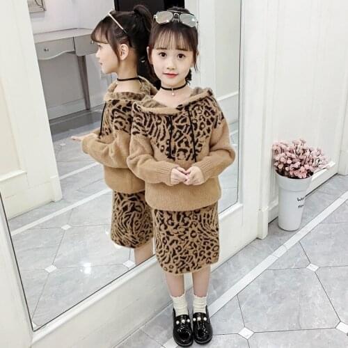Girl spring new fashionable suit Girl hooded sweater dress suit Girl leopard print skirt two-piece Girl comfort two-piece