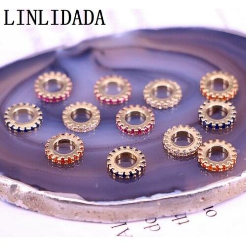 Wholesale 20pcs Gold Color 8mm Micro Pave CZ Flat Round Bead Big Hole Spacer Bead For DIY Jewelry Making