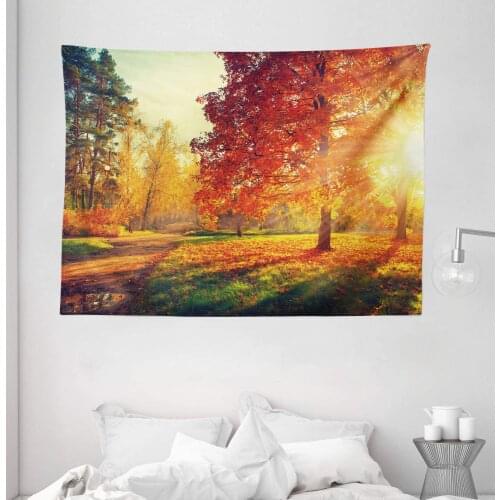 Fall Tapestry Vibrant Misty Day In Forest Sun Rays Trees Foliage Fallen Leaves Calm Wall Hanging For Bedroom Living Room Dorm