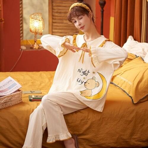 Two Piece Set Autumn Winter Pajamas For Women Plus Size Cotton Homewear Elegant Ruffle Long Sleeve Women Cute Bears Sleepwear