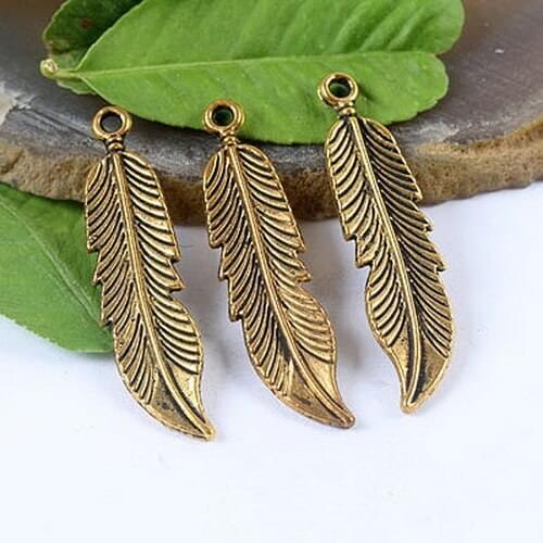 50pcs dark gold-tone feather charms h1299