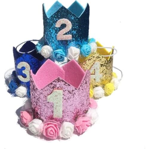 1PC Number 0-8 Blue Gold Baby Birthday Hat Glitter Princess Crown First Birthday Baby Headband Newborn Decor Kids Gifts