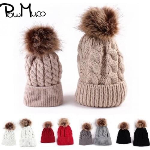 Powmuco Solid Color Handmade Knitted Wool Mom and Baby Hat Autumn and Winter Warm Bonnet Fashion Crochet Caps Clothing Accessory