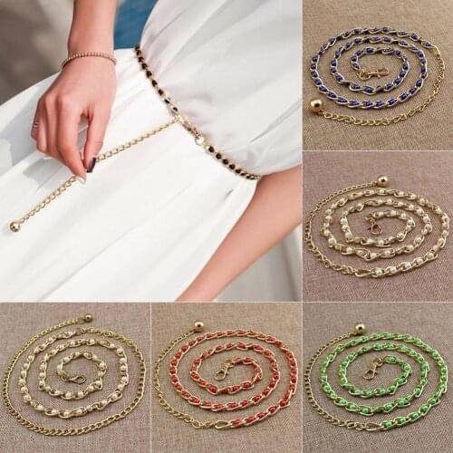 Womens Luxury Thin Slim Metal Waist Belts Harajuku Solid Color Imitation Pearl Beads Chain Belts For Dress Decorative Waistband