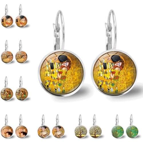 Retro Klimt Earring France Stud Earrings Art Oil Painting Glass Cabochon Jewelry Klimts Kiss Mom Mother Days Ear Hook Gift