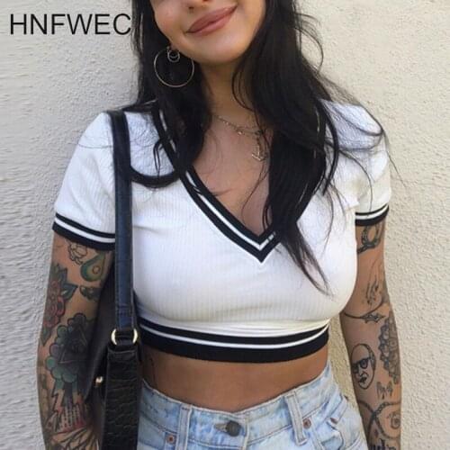 Streetwear Striped V-neck T-shirt Femme Summer 2020 Sexy Bodycon Ribbed Knitting Crop Tops Casual Fashion Woman Tshirts K150