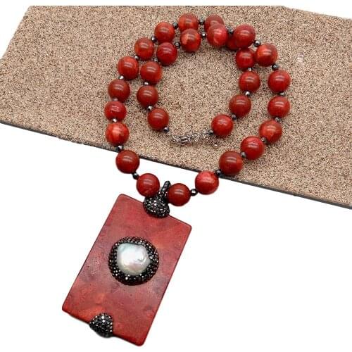 YYGEM Spongy Coral and White Coin Pearl Pendant 12mm Red Spongy Coral round Necklace Rectangle 20"