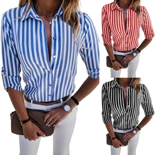 Women Fashion Long Sleeve Turn Down Collar Vertical Stripes Office Shirt Blouse Women Hot Sale Button Basic Blouses Fashion tops