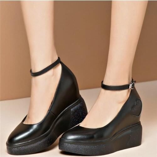 Ankle Strap Mary Janes Women Cow Leather Wedges High Heel Ankle Boots Female Pointed Toe Platform Pumps Shoes Fashion Sneakers