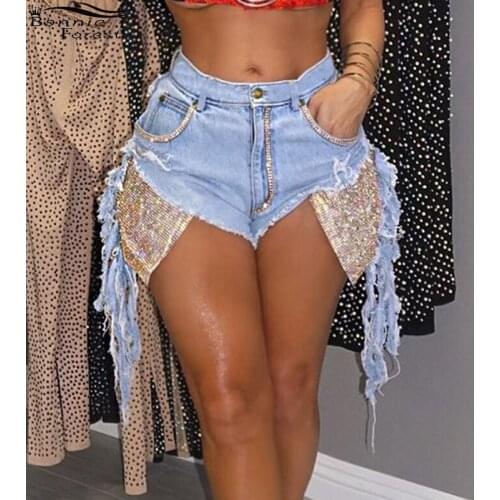 Bonnie Forest Women Washed Denim Shorts With Sequins Patchwork Detail Casual New Fringe Trim Ripped Skinny Denim Shorts XXL